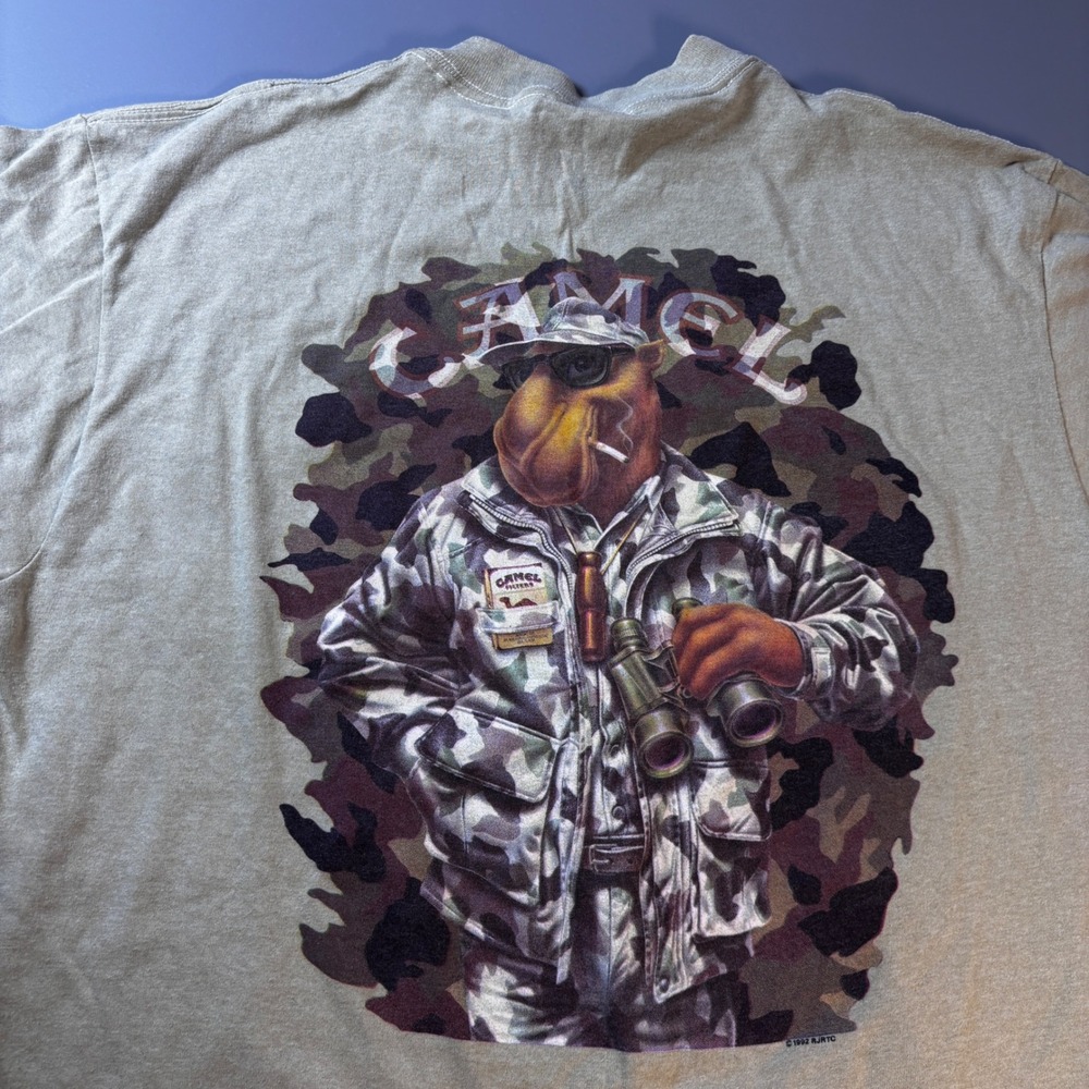 Vintage 1992 Camel Joe Camel Hunter T Shirt Mens XL Camo Pocket USA Made - Picture 2 of 13